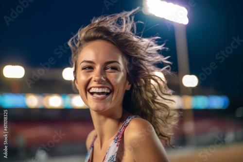 Medium shot portrait photography of a grinning girl in her 30s dancing against a sports stadium background. With generative AI technology
