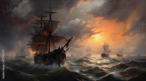paint like illustration of a vessel sailing on rough sea with waves and strong wind blow during storm, idea for artistic background wallpaper, Generative Ai