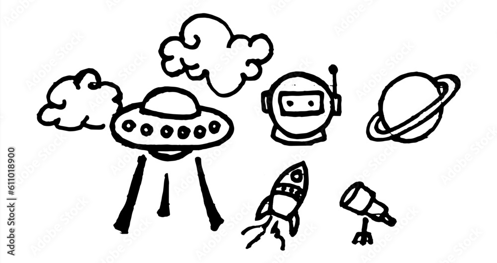 Doodle space illustration in childish style. Set of cosmos vector elements such as rocket, astronaut, stars, asteroids, ufo. Doodle space illustration in childish style. Set of cosmos vector elements such as rocket, astronaut, stars, asteroids, ufo.