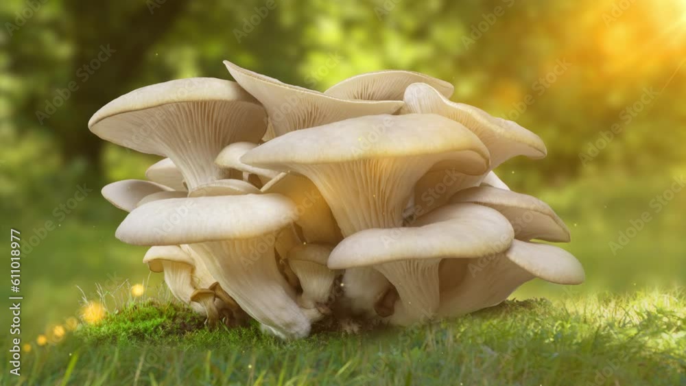 Cultivation of oyster mushrooms growing in a magical forest from the soil, 4k slow motion. Sprouting Oyster Mushroom. Fungus shirataki accelerated time-lapse