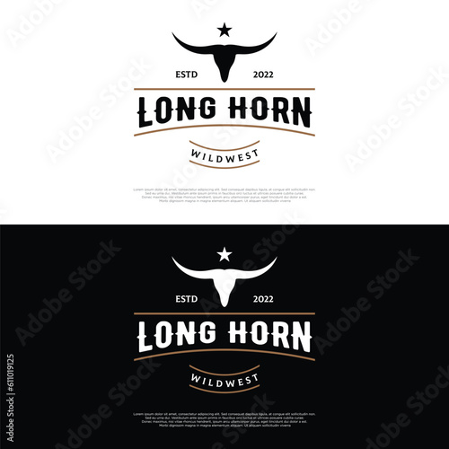 Longhorn texas ranch wild west animal logo design vintage retro.Logo for cowboy, cattle, badge, restaurant.