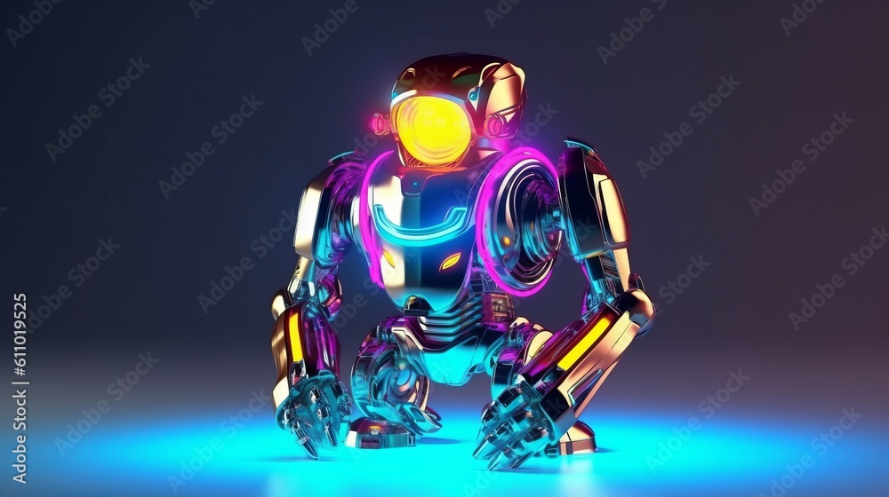 Chrome colorful robot, neon light. Artificial intelligence concept. Generative ai
