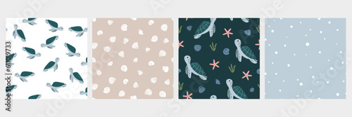 Set of seamless pattern with sea turtles, seashells and bubbles. Vector flat illustration for kids fabric, textile, nursery wallpaper.