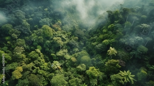 Beautiful birds-eye view of the rainforest. Aerial view. Generative ai