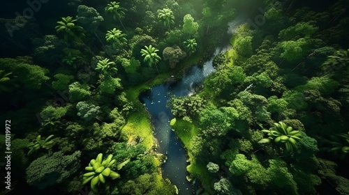 An aerial view of a forest with a pond. Generative ai