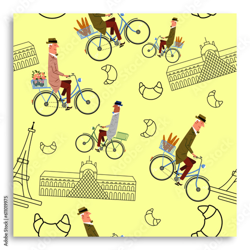 Seamless pattern with Eiffel Tower, Louvre, Frenchman, bicycle and croissant. Decor poster. Iconic place in Paris, France. Tourism and travel greeting postcard concept. Vector illustration. Yellow.