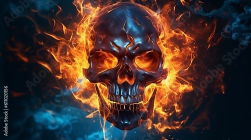 Abstract burning scull on dark background. Generative ai photo
