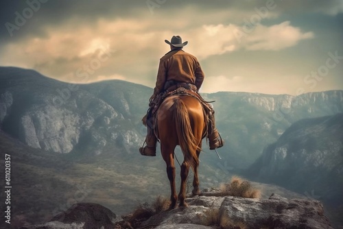 Cowboy on Horse Cliff View. Generative AI