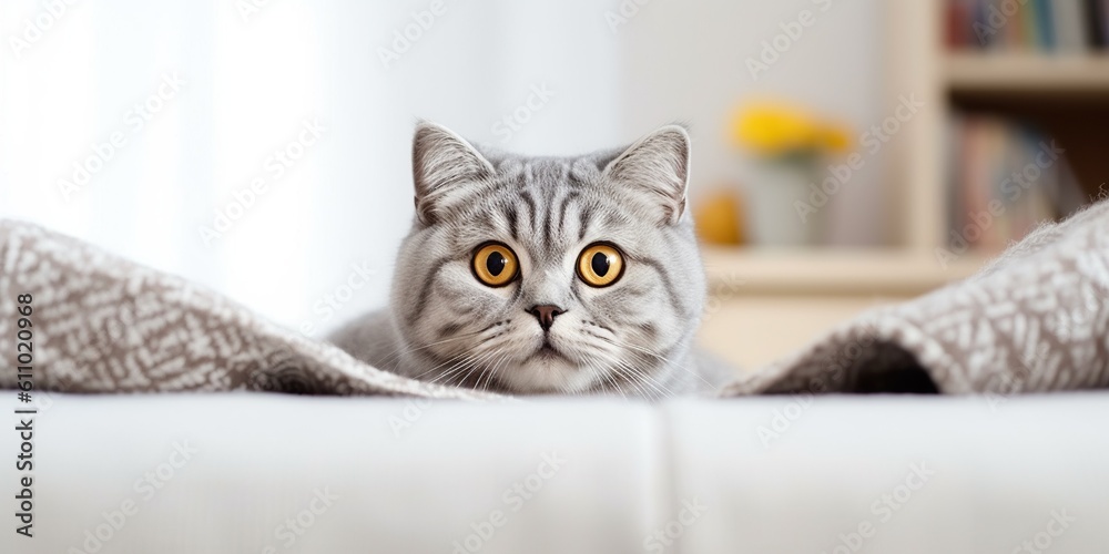 Pregnant thick gray striped scottish fold cat sitting on a table covered with a white cloth , concept of Feline pregnancy, created with Generative AI technology Pregnant thick gray striped scottish fold cat sitting on a table covered with a white cloth , concept of Feline pregnancy, created with Generative AI technology