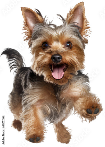 Happy yorkshire terrier dog running towards the camera isolated on white background as transparent PNG  generative AI animal