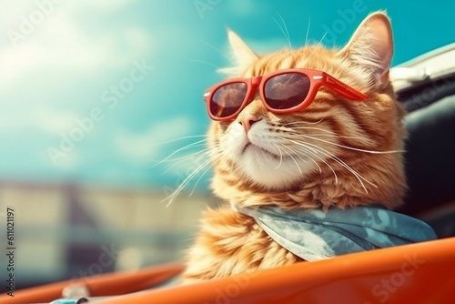 Foto Funny Red Cat in Convertible Sunny. Generative AI