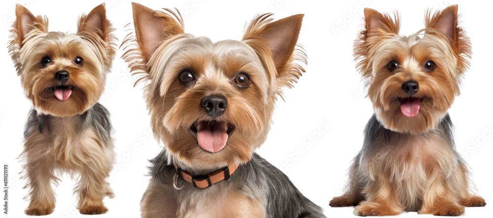 Collection of three dogs, happy yorkshire terrier set (portrait, sitting and standing) isolated on white background as transparent PNG, generative AI animal bundle - obrazy, fototapety, plakaty 