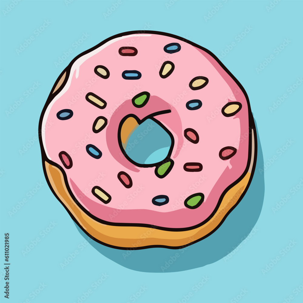 Donut with pink glaze on blue background. Vector illustration. Donut with pink glaze on blue background. Vector illustration.