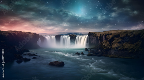 Godafoss in summer, Iceland. Starry Night: a Mesmerizing Long Exposure of a Nature Waterfall Under a Star-Filled Sky, Generative AI