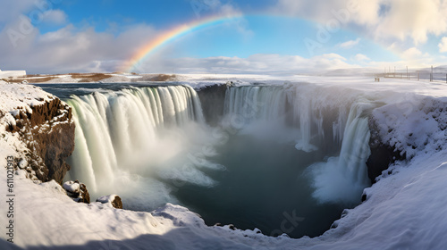Godafoss in winter at daylight , Iceland. Captivating Waterfall and Rainbow in Majestic Landscape,  Generative AI © Surat