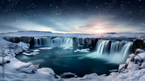 Godafoss in winter at night, Iceland. Starry Night: a Mesmerizing Long Exposure of a Nature Waterfall Under a Star-Filled Sky, Generative AI