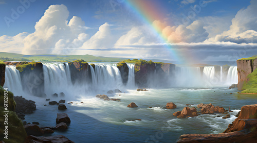 Godafoss in summer at daylight , Iceland. Captivating Waterfall and Rainbow in Majestic Landscape,  Generative AI