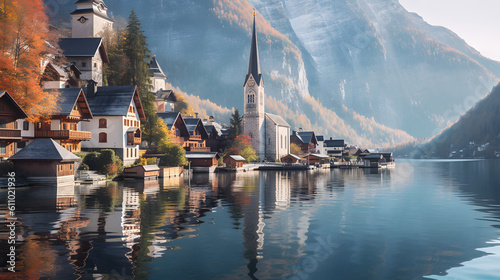 Hallstatt, Austria. Best tourist spot with Stunning Reflections of Nature in Architectural Masterpiece, Generative AI