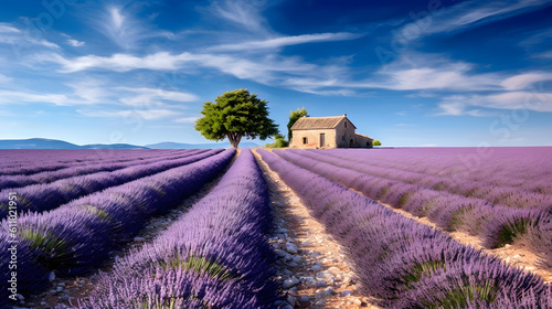 Lavender fields in Provence, France. Enchanting Lavender Fields: a Rural Landscape with Flourishing Flowers and a Serene Sky, Generative AI
