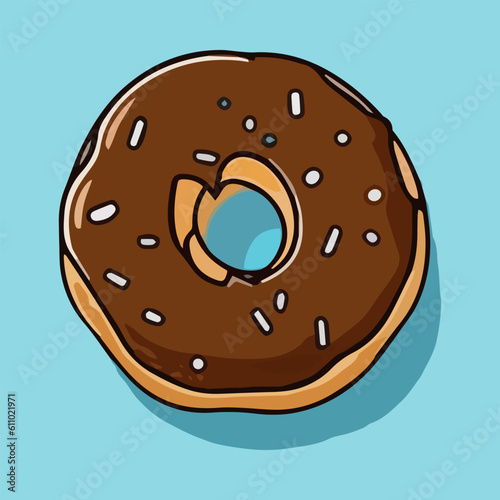 Chocolate donut on blue background. Vector illustration in cartoon style.