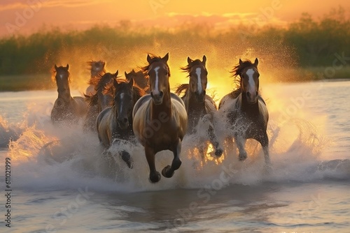 Graceful Horses Galloping through Water. Generative AI ©  Creative_studio