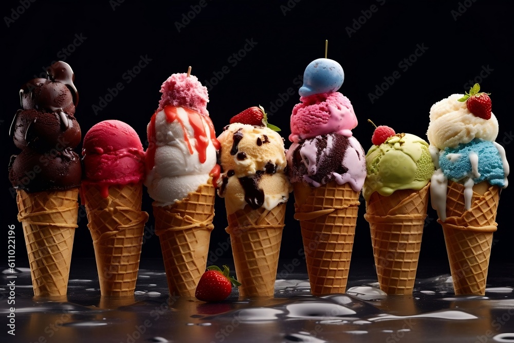 Delicious Assortment of Ice Cream Cones. Generative AI
