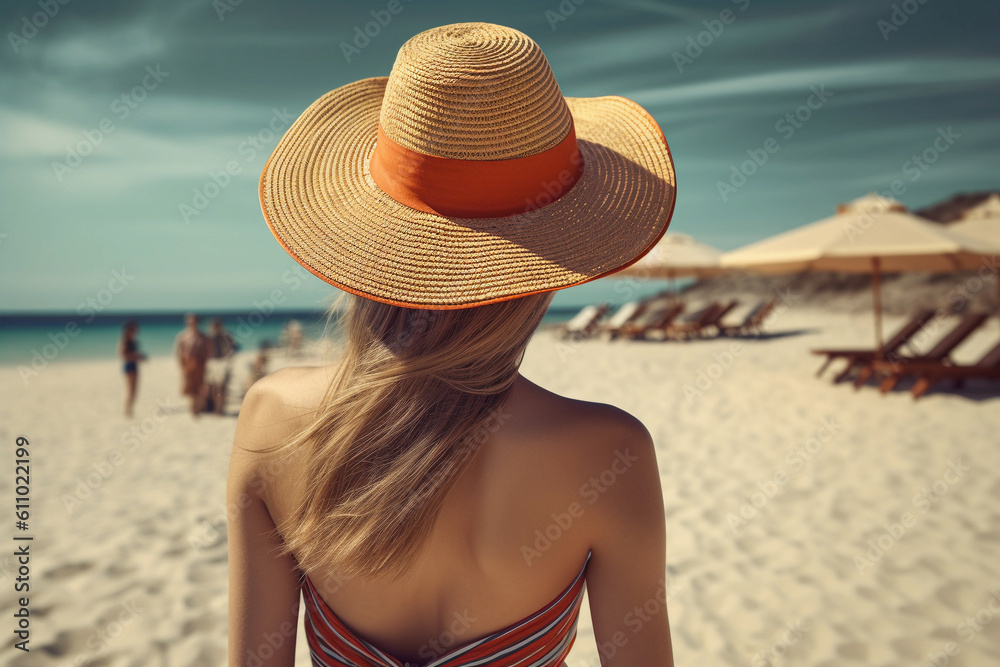 young woman in a summer hat on the beach, created with generative ai