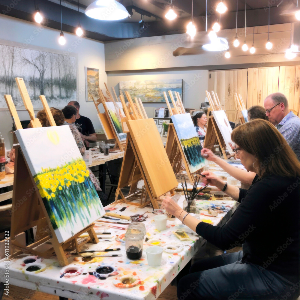 Fototapeta premium Happy group of motivated diverse people enjoying painting art class, generative ai