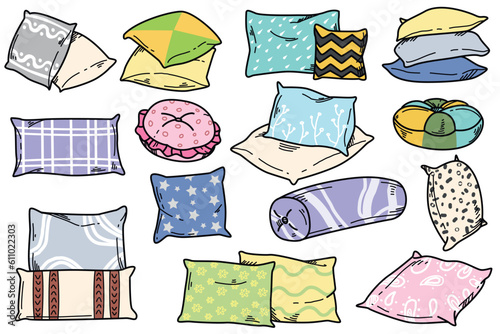 Doodle drawing set of soft pillow for sleep, rest or bedroom decoration. Hand drawn cozy color feather cushions different shapes for bed, sofa on white background. Decorative comfy orthopedic pillows.