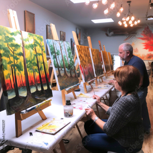 Happy group of motivated diverse people enjoying painting art class, generative ai