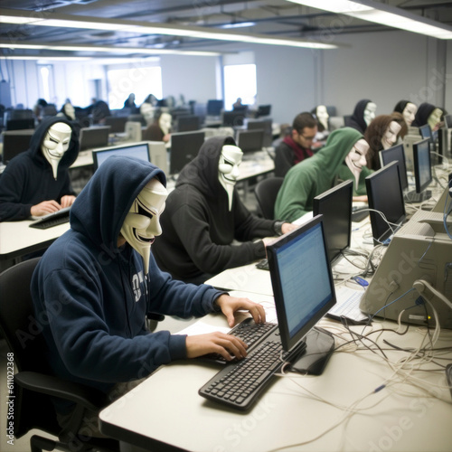 group of hackers working behind desktop computers, generative ai