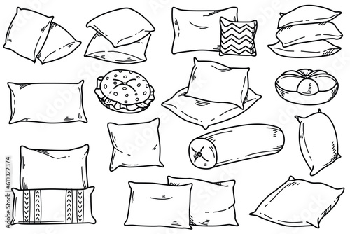 Doodle drawing set of soft pillow for sleep, rest and bedroom decoration. Hand drawn cozy feather cushions different shapes for bed and sofa on white background. Decorative comfy orthopedic pillows.