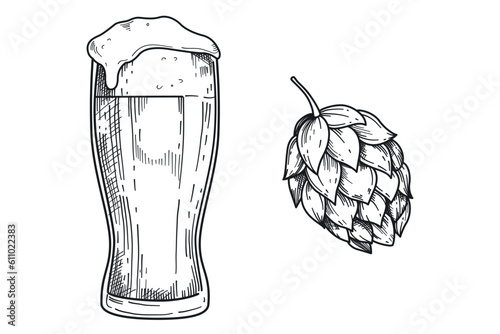 Hand drawn full of beer glass mug with foam and hops plant in engraving style. Vector engraved black vintage illustration of alcohol drink. Design element for brewery, poster, label, emblem or menu. © redgreystock