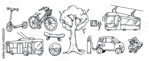 Doodle set of different eco transport. Electric car, scooter, bicycle, skateboard, roller skates, monowheel, public bus and tram hand drawn vector Illustration. Ecological urban transportation.