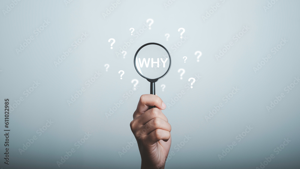 Why question in magnifying and question mark be around, What is your reason concept. Business answer and analysis, problem ask, interrogation, research information with copy space on grey background. - obrazy, fototapety, plakaty 