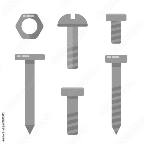 Set of metal bolts, screws, nuts and nails. Industry hand drawn flat collection. Industrial equipment