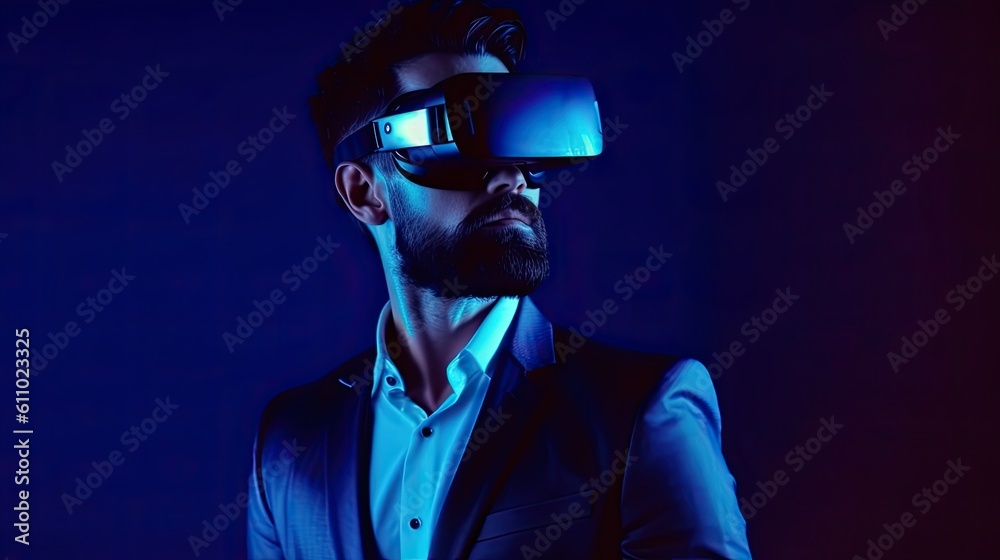 A man with beard in glasses of virtual reality. Augmented reality, future technology concept. VR goggles. Neon light. Generative AI A man with beard in glasses of virtual reality. Augmented reality, future technology concept. VR goggles. Neon light. Generative AI