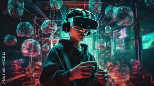 VR glasses. Young man in vr glasses and armament playing cyber game with digital images of game episodes. Augmented reality cyberspace. Generative AI