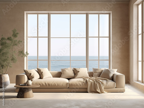 Interior design composition with a modern sofa in front of a large window. Generative AI