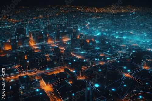 Internet networks over the city, neon colors. The concept of the future. AI generative.