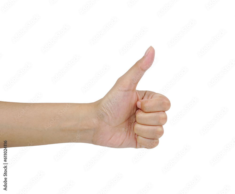 Hand gesture - thumbs up, isolated on white with clipping path. The female palm points to something that is empty for your design. Hand gesture - thumbs up, isolated on white with clipping path. The female palm points to something that is empty for your design.