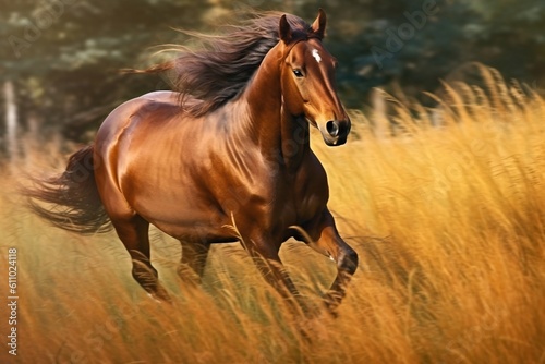 Dynamic Brown Horse in Motion A Stunning Grassland Scene. Generative AI