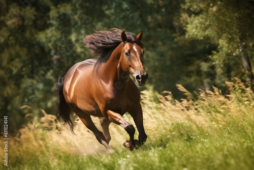 Dynamic Brown Horse in Motion A Stunning Grassland Scene. Generative AI