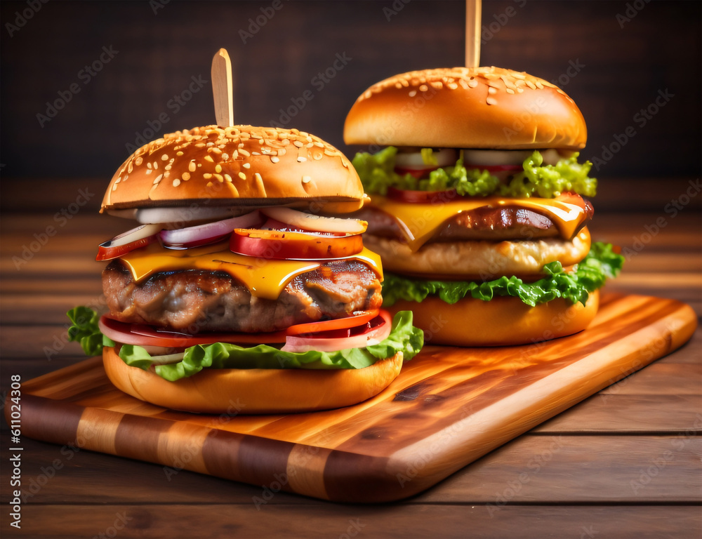 Fresh and tasty juicy burger on dark background, Delicious grilled burger, Beef burgers on wooden table, delicious homemade burger of beef, cheese and vegetables on an old wooden table. Fresh and tasty juicy burger on dark background, Delicious grilled burger, Beef burgers on wooden table, delicious homemade burger of beef, cheese and vegetables on an old wooden table.