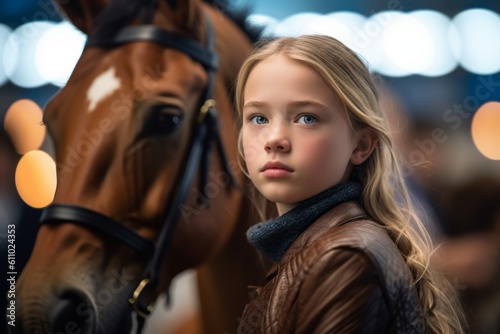 Close-up portrait photography of a glad kid female riding a horse against a modern art gallery background. With generative AI technology