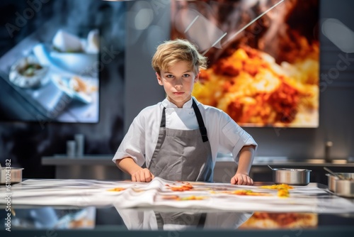 Medium shot portrait photography of a glad kid male cooking against a modern art gallery background. With generative AI technology