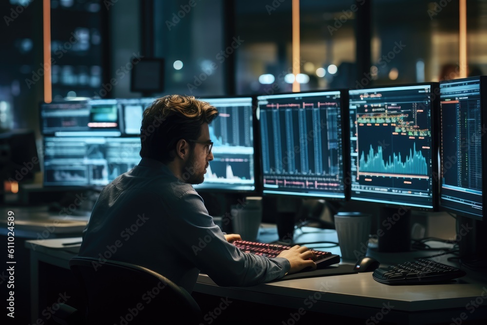 businessman analising market on a chart on a computer - Illustration created with generative ai