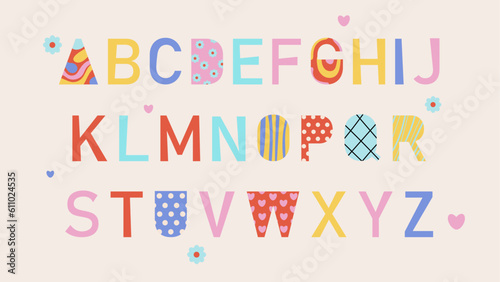 Hand drawn summer creative alphabet. Set of trendy hand drawn vector stylized letters for books  prints  wrapping paper and banner design. Bold capital letter illustrated alphabet.