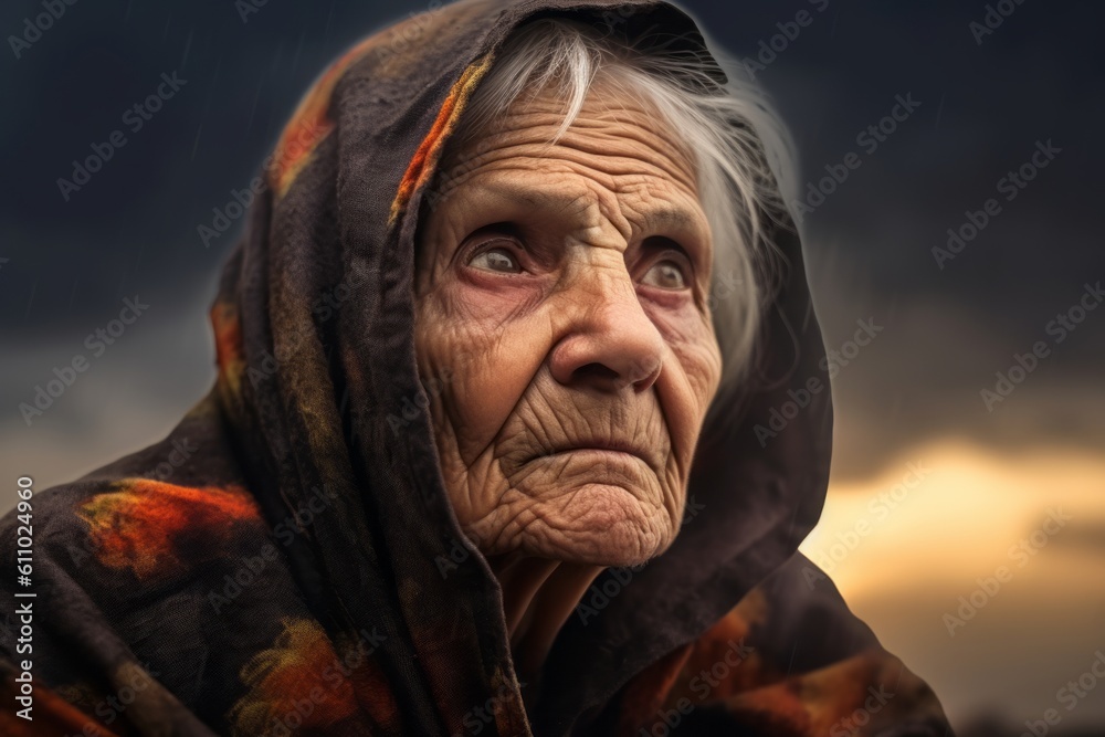 Close-up portrait photography of a glad old woman drawing against a dramatic thunderstorm background. With generative AI technology Close-up portrait photography of a glad old woman drawing against a dramatic thunderstorm background. With generative AI technology