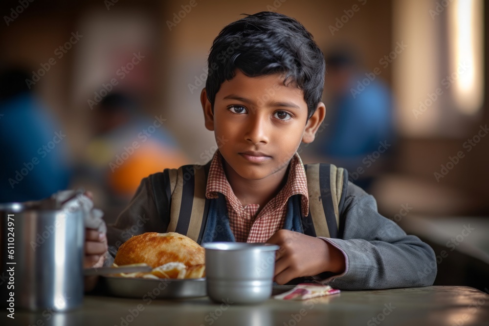 Close-up portrait photography of a glad kid male having breakfast against a school campus background. With generative AI technology Close-up portrait photography of a glad kid male having breakfast against a school campus background. With generative AI technology